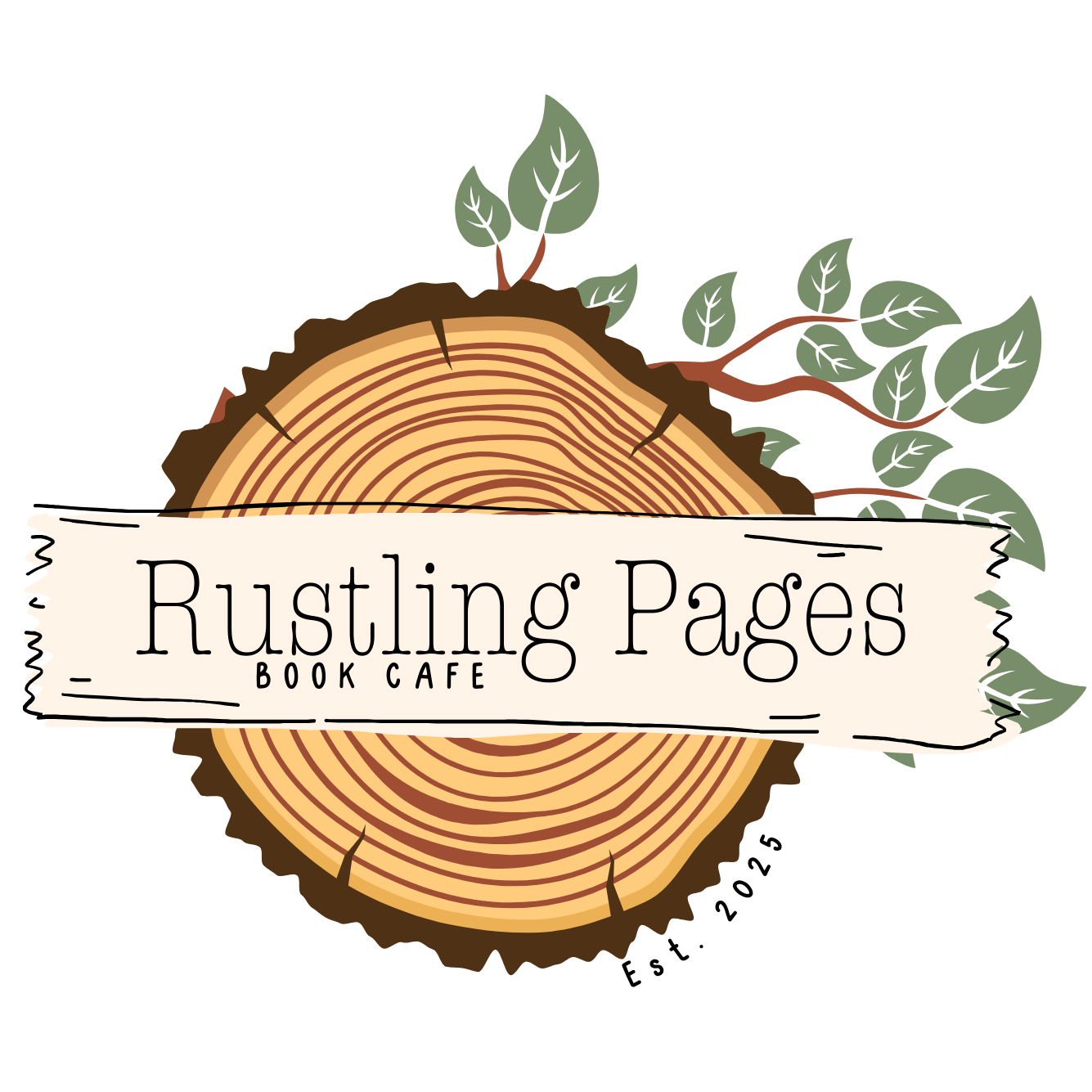 Rustling Pages Logo, the words "Rustling Pages" on a slab of wood with green leaves coming off of the branch.